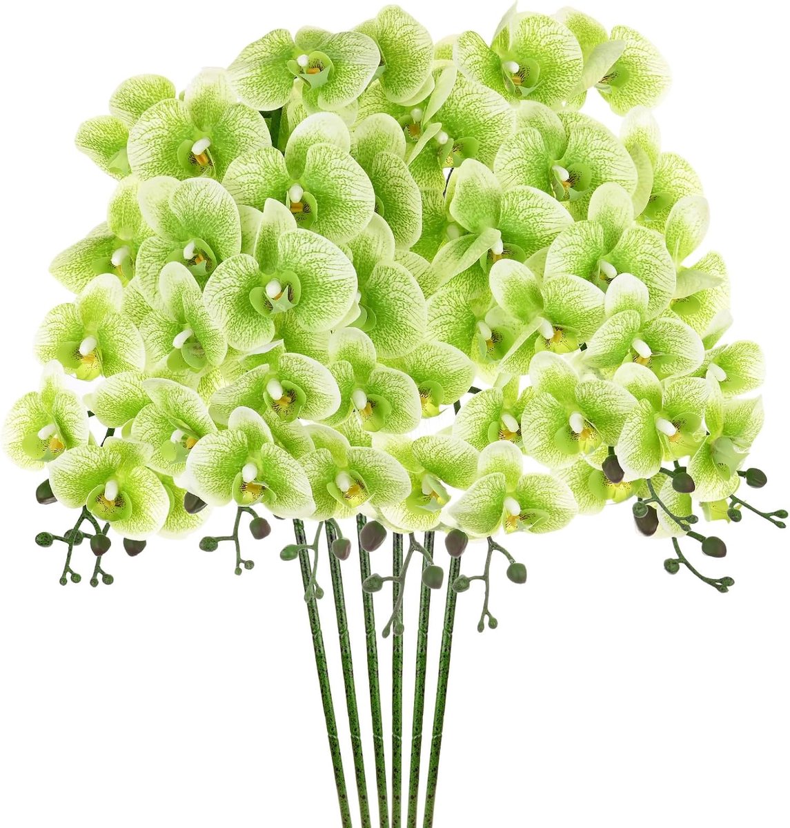 Set van 6 kunstorchideebloemen, 9 grote bloemblaadjes, 97 inch, kunstboeketten, phalaenopsis zijden boeketten, echte aanraking, donkergroene neporchideeën voor thuis, bruiloft, Kerstmis