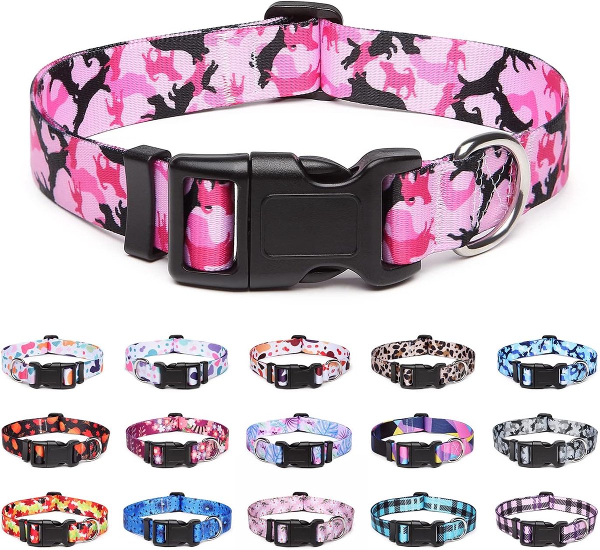 Verstelbare zachte en comfortabele nylon halsband voor kleine, middelgrote en grote honden, puppy's, katten (M, Camo Pink)