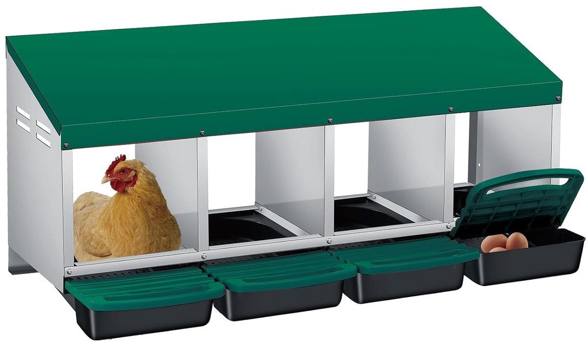 Nestkast voor kippen met 4 vakken, nestkast van verzinkt staal met automatische eierverzameling en oprolbaar ontwerp, gemakkelijk te reinigen en te installeren, ideaal voor kippenhok buiten