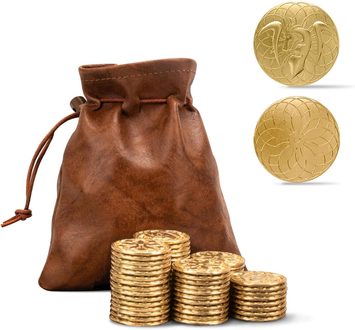 Muntenset met leren tas, een noviteit voor bordspellen: pionnen, schatten en retro-rekwisieten, 50 magische, sprankelende DND-munten voor een TRPG-spel in gezelschap