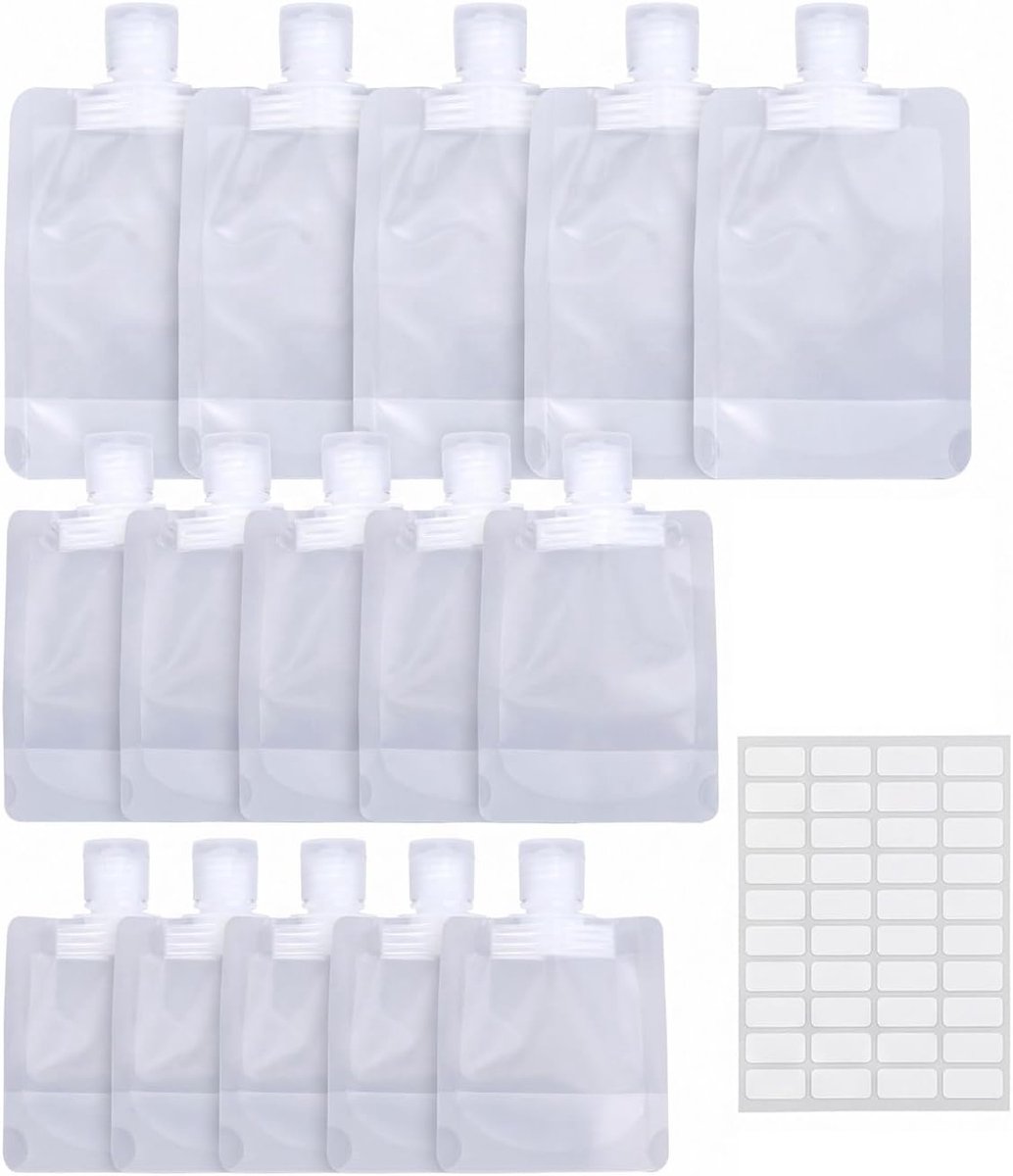 15 navulbare reisflessen en tassen, set van 30/50/100 ml, luchtdicht, voor shampoo, gel, cosmetica, met etiketten, compacte organisatie voor vliegtuig.