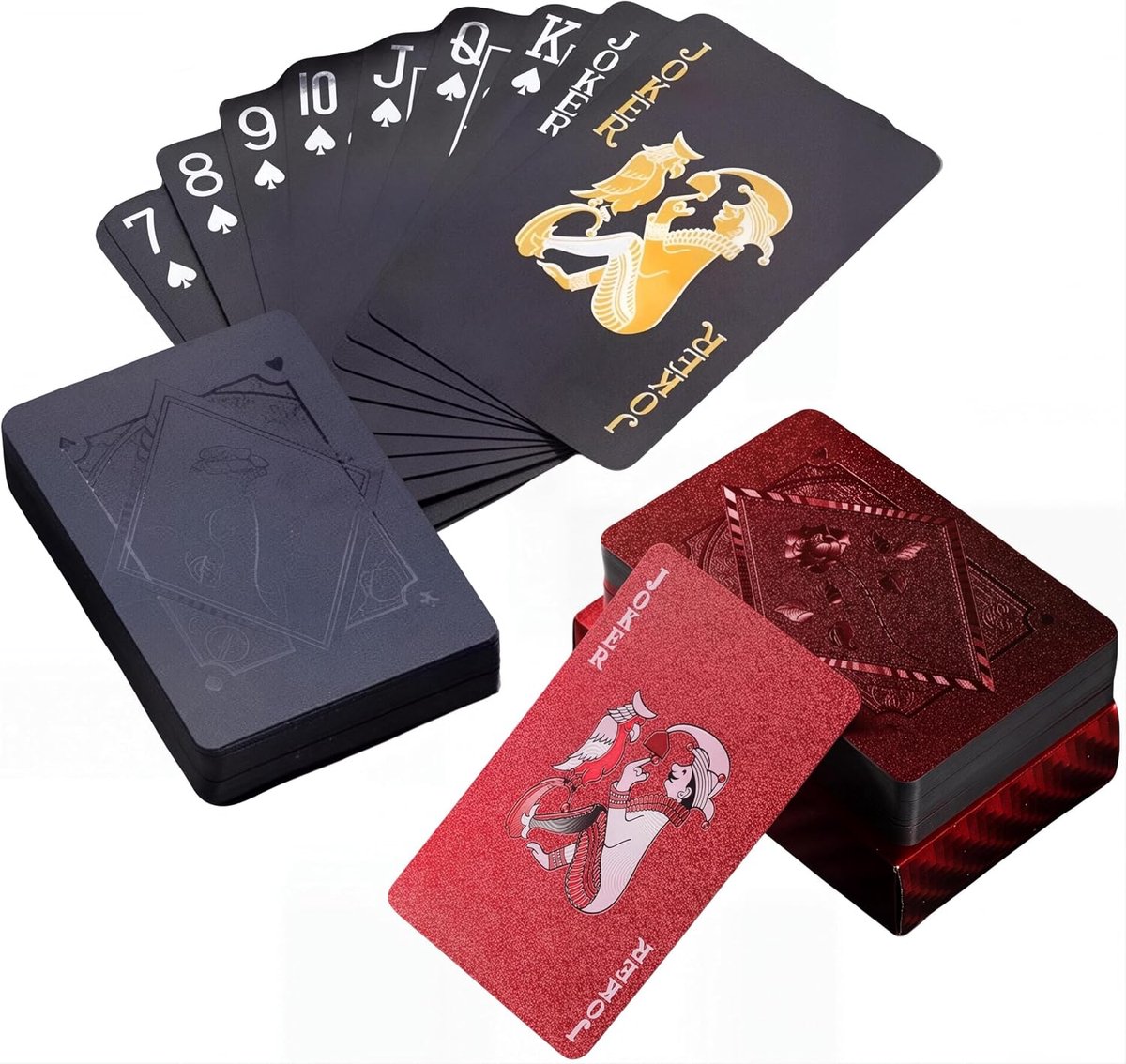 2 Stuks Speelkaarten, Bladgoud, Waterdicht, Pet-Materiaal, Kaartspellen Voor Volwassenen, Geschikt Voor Gezinnen, Voor Feestjes (Rood + Zwart)