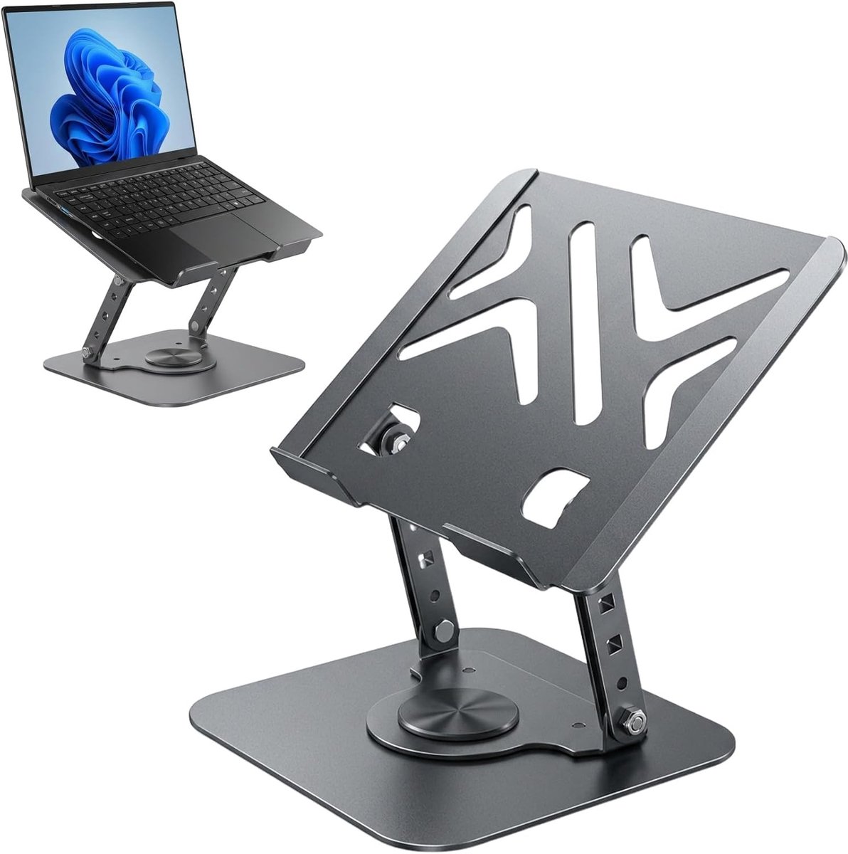Standaard, inklapbare universele standaard van aluminiumlegering voor laptops, tablets en smartphones, met opengewerkt ontwerp voor warmteafvoer, 360 graden draaibaar