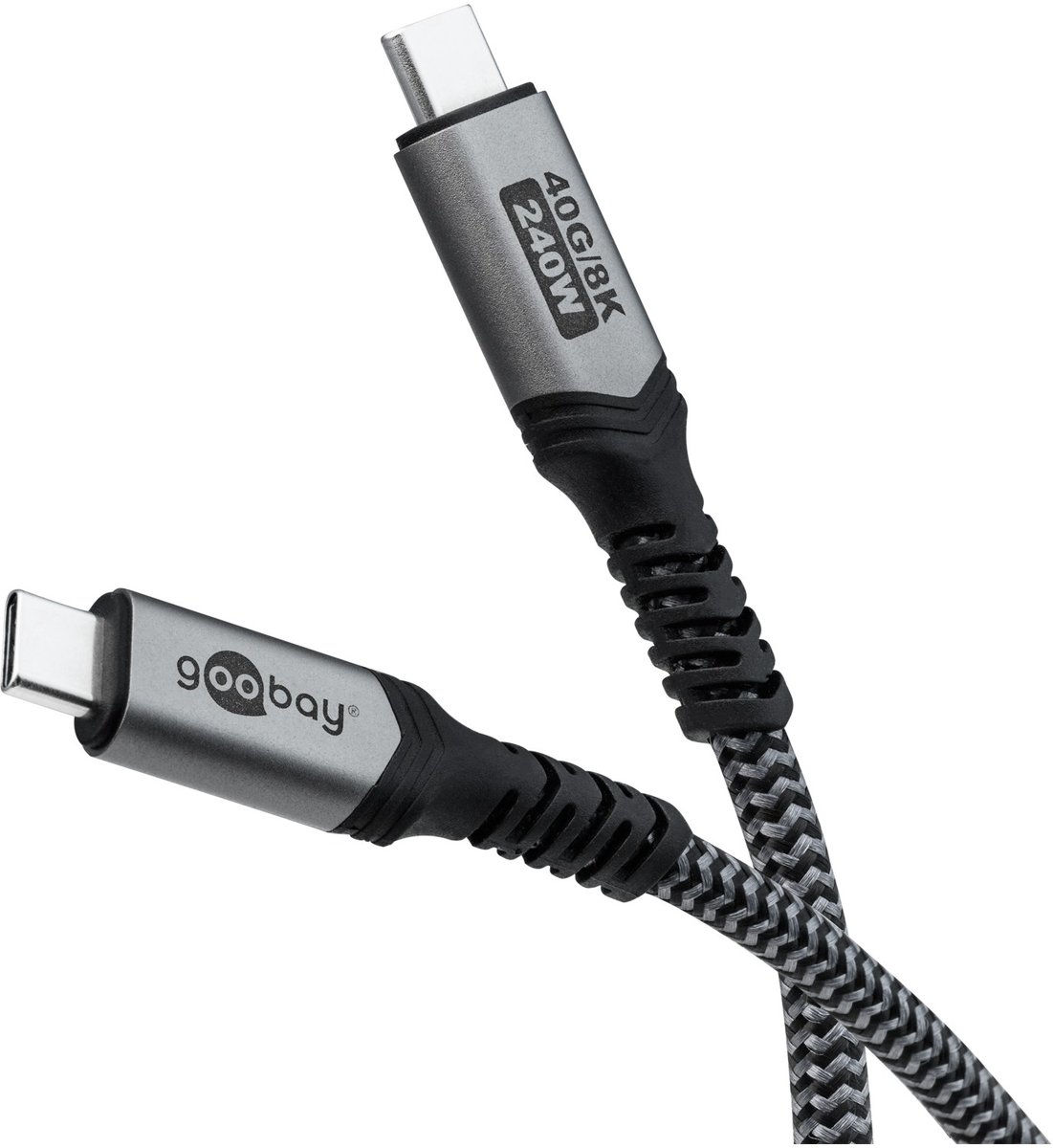 Image of Goobay USB4 USB-C kabel, 1,8 m, 240 W Power Delivery, 40 Gbit/s, 8K 60 Hz, textielmantel, zwart-zilver