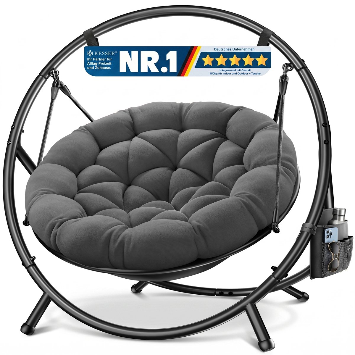KESSER® Hangstoel BALI - hangschommel met stalen frame - tot 150 kg - met kussen en zijvak - antraciet