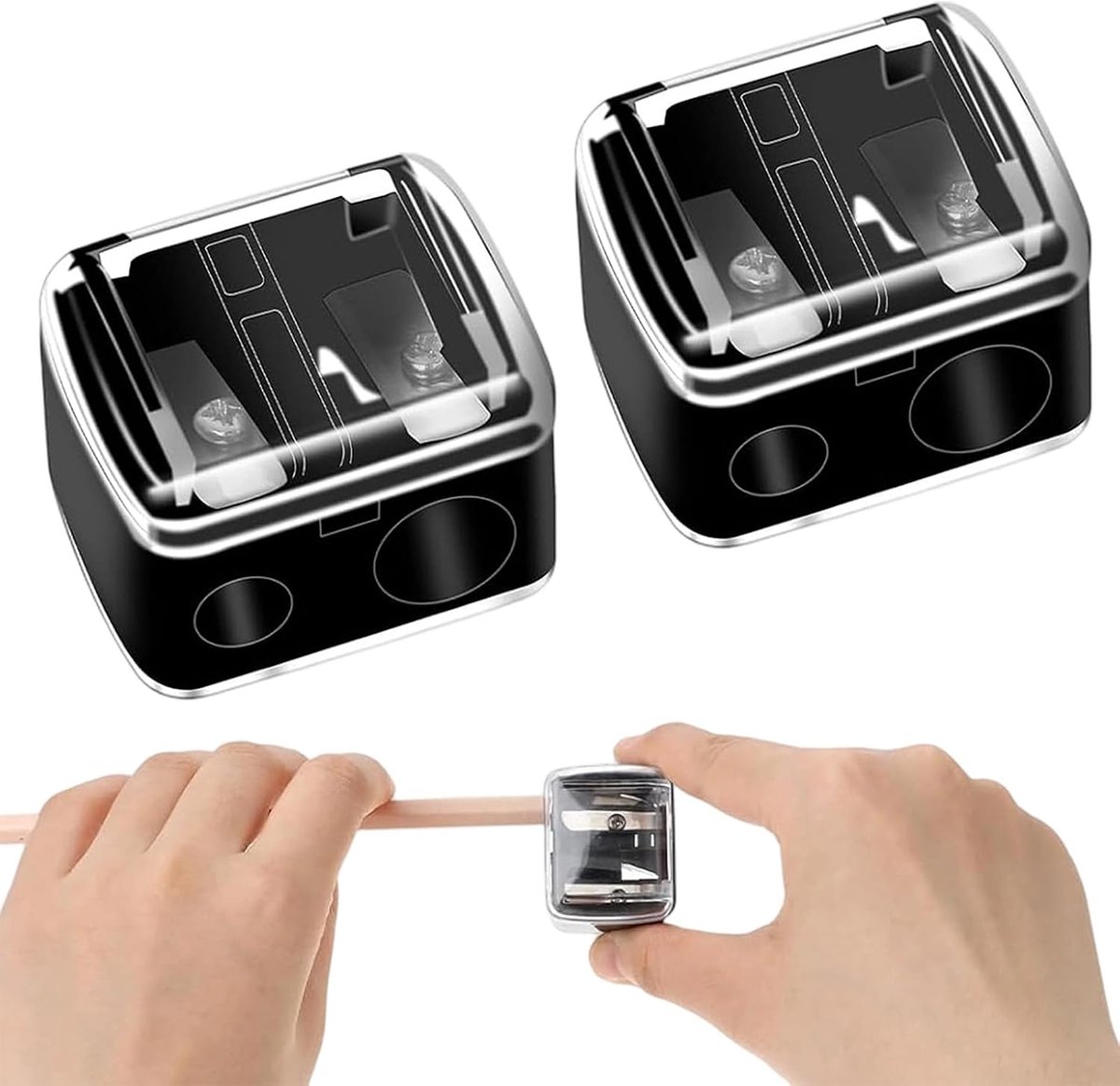2 stuks puntenslijper voor oog- en lippenstift, universele make-uppuntenslijper met dubbel gat voor wenkbrauwpotlood, eyeliner en cosmetische stiften, precisiemesjes, compact en draagbaar