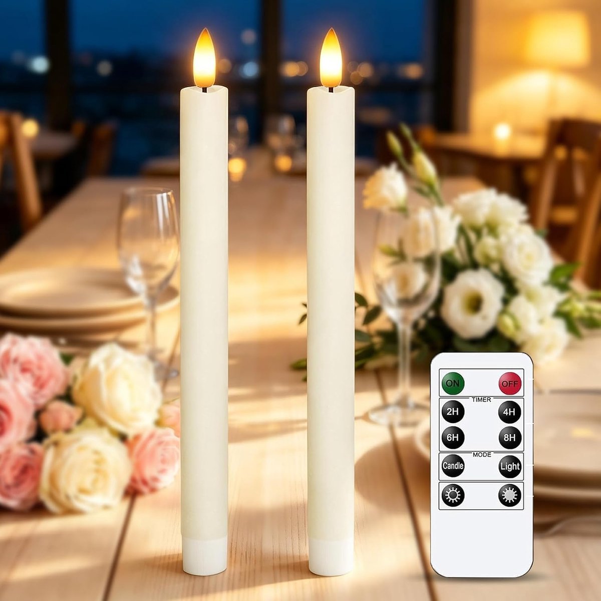 2 ledkaarsen, lange vlamloze ledkaarsen, lange velass-leds met timer, met afstandsbediening, werkt op batterijen, voor thuis, bruiloft, Kerstmis, banket, jubilea