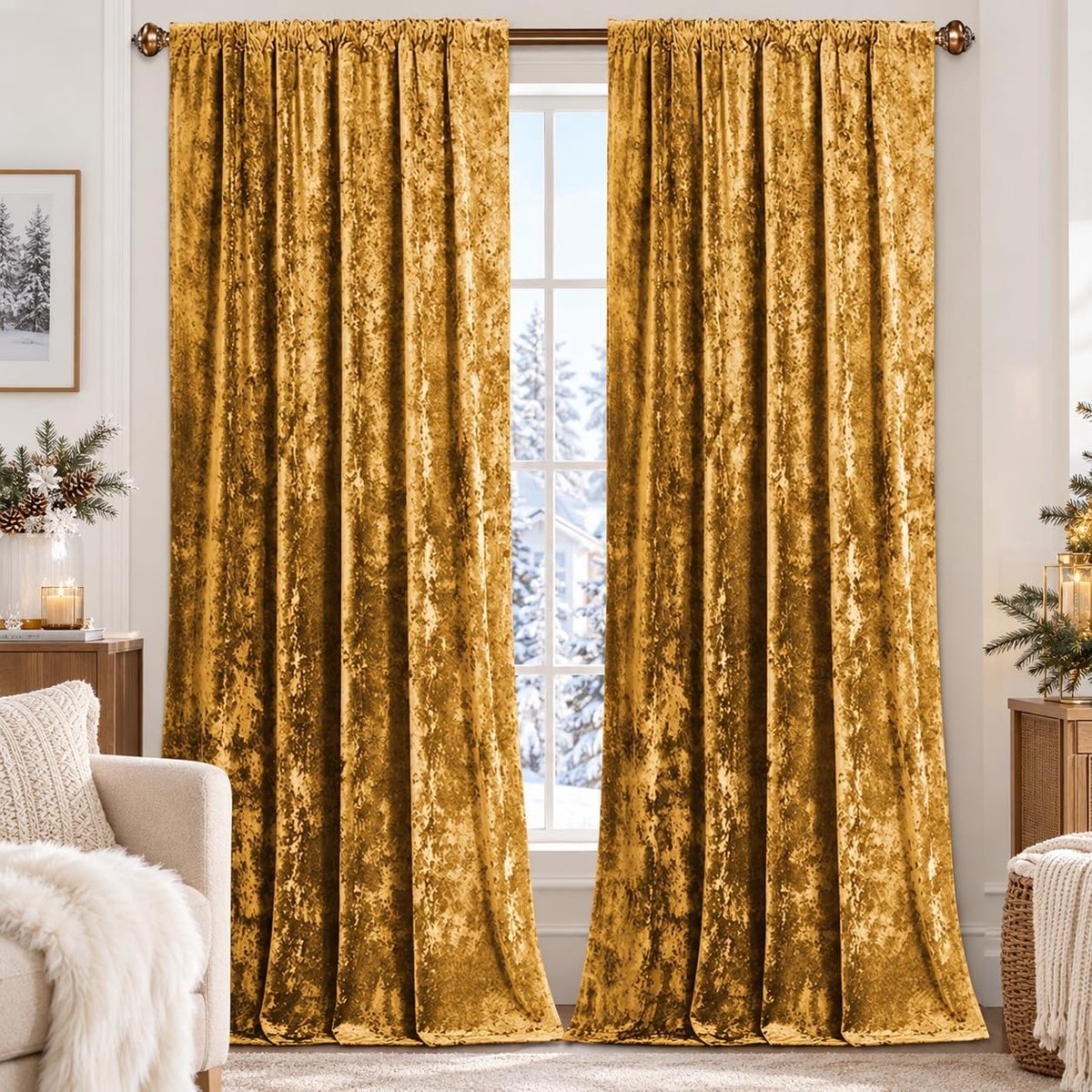 Set van 2 fluwelen gordijnen, met plooiband, luxe gordijnen, verduistering, fluweel, verduisteringsgordijnen met ijsbloemenpatroon, thermogordijn, woonkamer, slaapkamer, 225 x 140 cm, goud