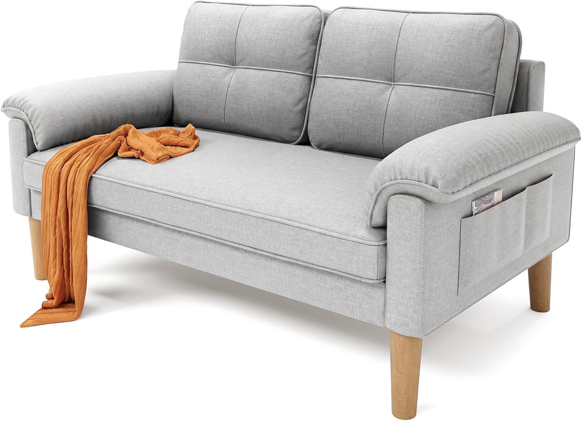 2-Zits Bank Met Armleuningen En Zijvakken, Compact Modern Zitbank Voor Woonkamer, Huis En Kantoor, Eenvoudige Montage, Afmetingen 144 X 77 X 77 Cm, Kleur Lichtgrijs