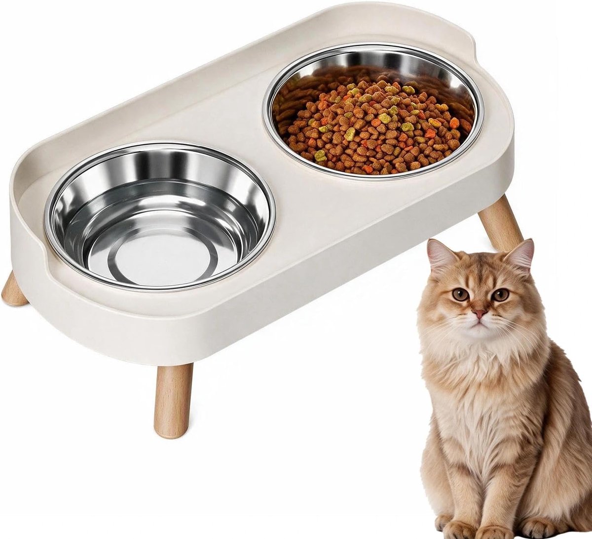2 x verhoogde kattenbak, verhoogde kattenbakset, roestvrij staal, dubbele kattenbakken met standaard, verhoogde voerbak kat voor huiskatten en kleine honden
