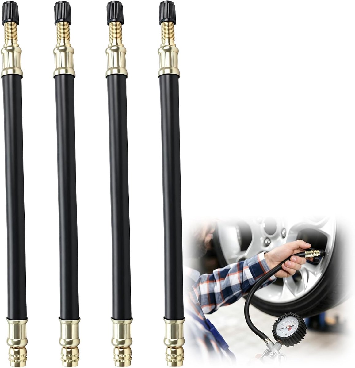 4-pack bandenventielverlengingsadapters, 210 mm flexibele rubberen stuurpen