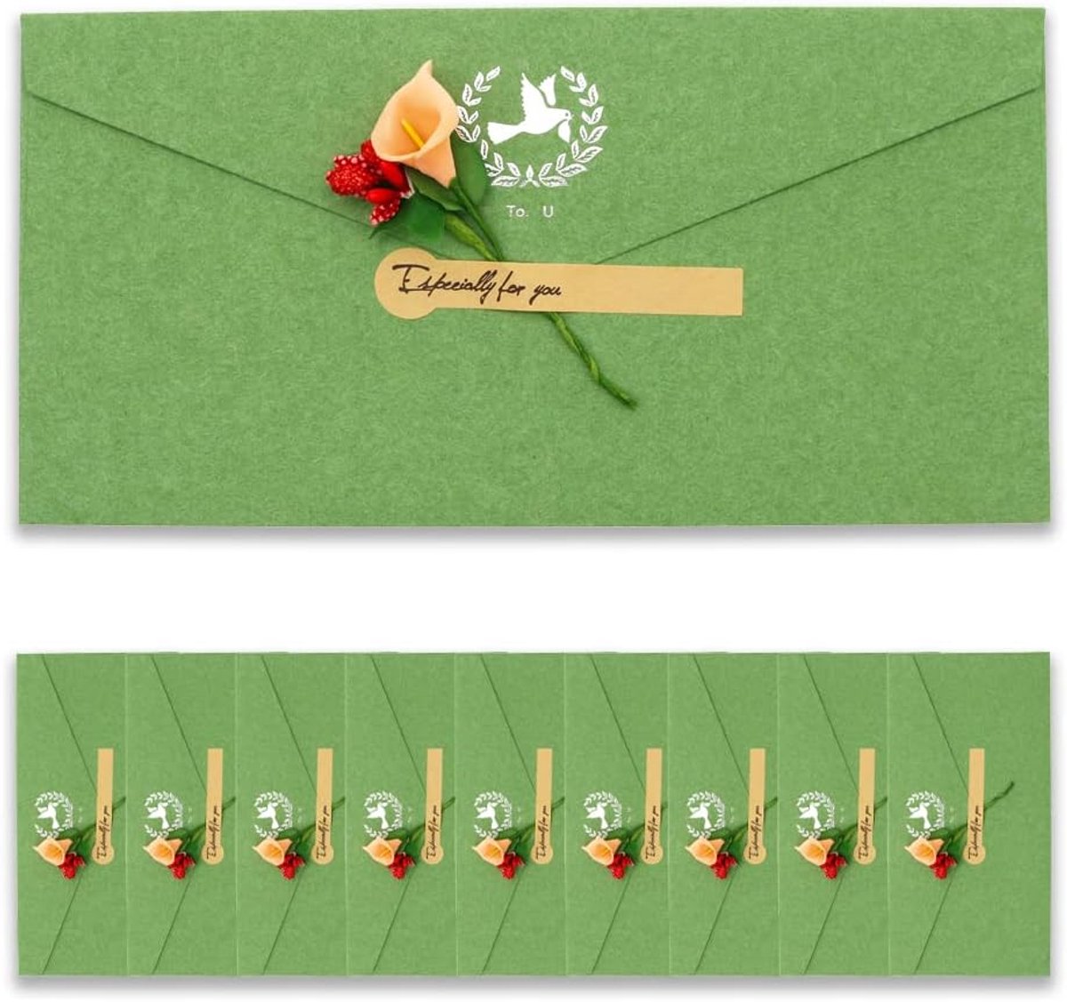 10 stuks vintage kraftpapieren enveloppen met wenskaarten, handgemaakte gedroogde bloemen en stickers, voor verjaardagen, bruiloften, Kerstmis, feesten, uitnodigingen, ansichtkaarten en bedankkaarten (groen)