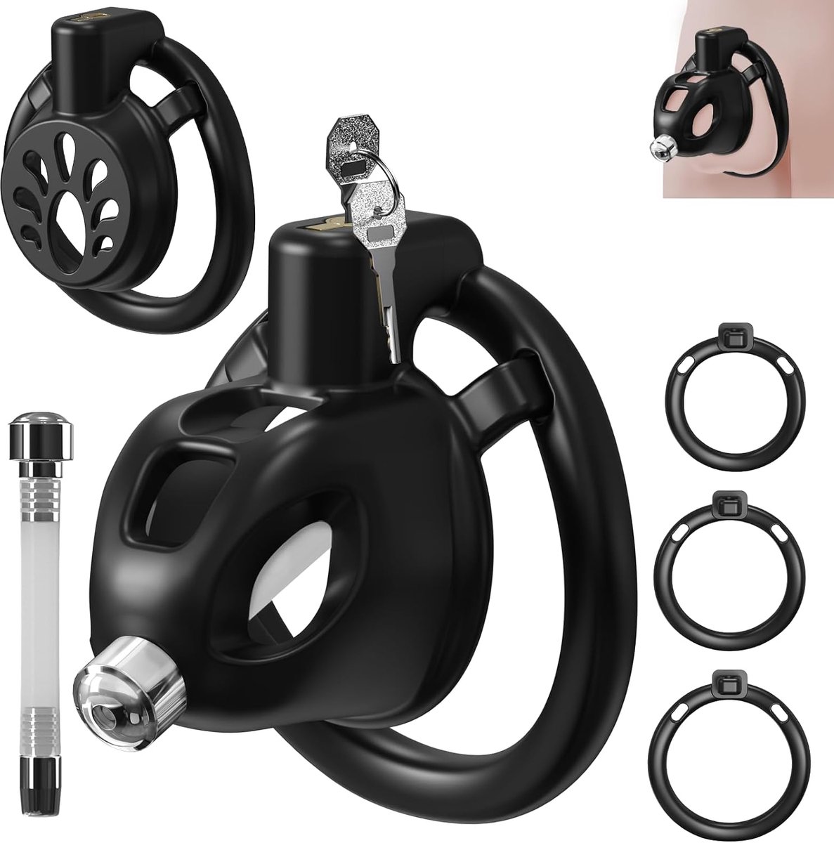 Cage 2 Sets Seksspeeltjes voor Mannen, BDSM Kuisheidsgordel met 3 Maten Ring en Onzichtbare Urethrale Katheter voor Erectiecontrole en Oefeningen