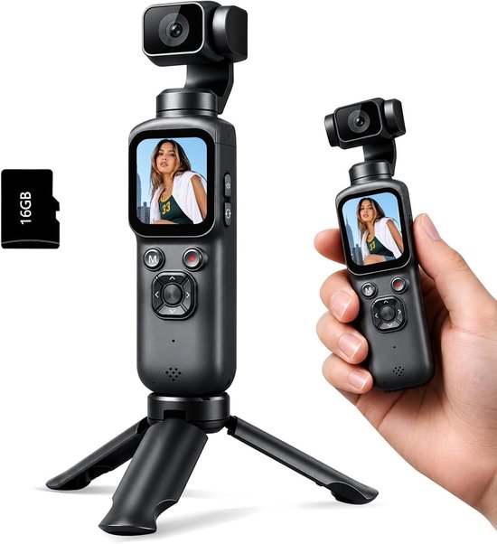 Zwarte gimbalcamera op statief en in hand, met 16GB micro SD kaart. Scherm toont vrouw in sportkleding.