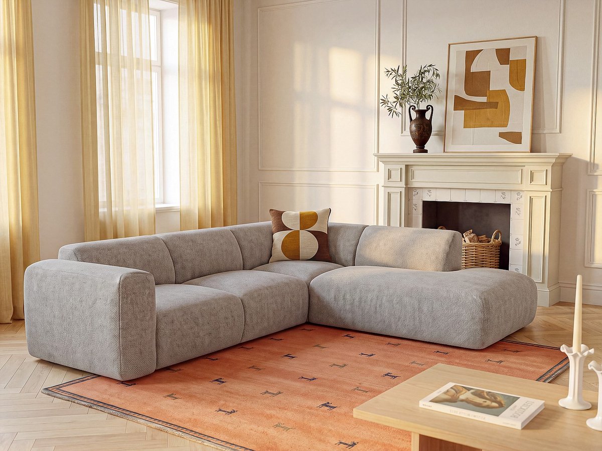 Vente-unique Grote hoekbank rechts met chaise longue-rugleuning in grijze stof - POGNI van Maison Céphy Grijs