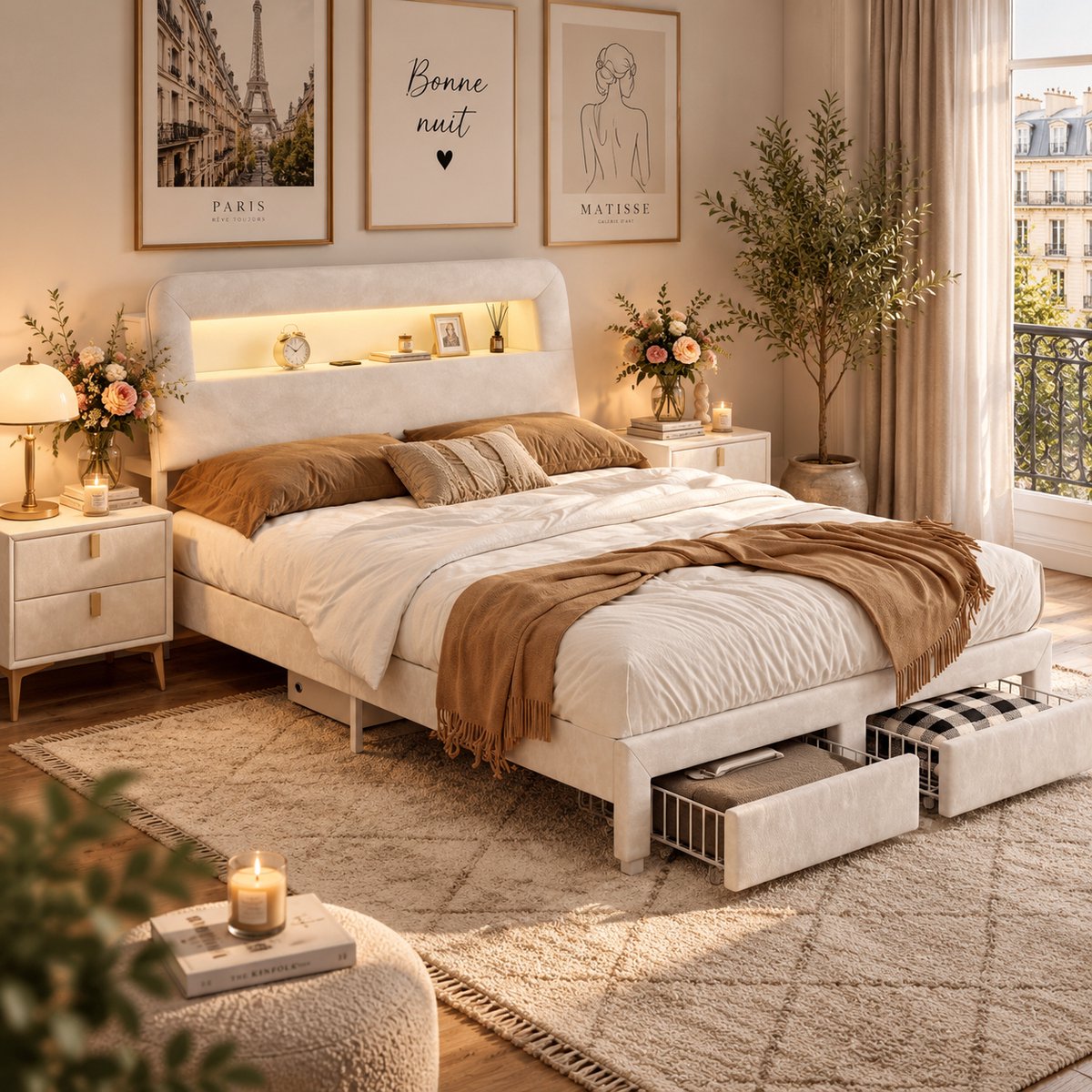 MEXUS Tweepersoonsbed 140x200 cm met ledverlichting en USB-poort, bed met open planken en verborgen opbergruimte in het gestoffeerde hoofdeinde, bedframe met 2 lades en lattenbodem, fluweel Beige