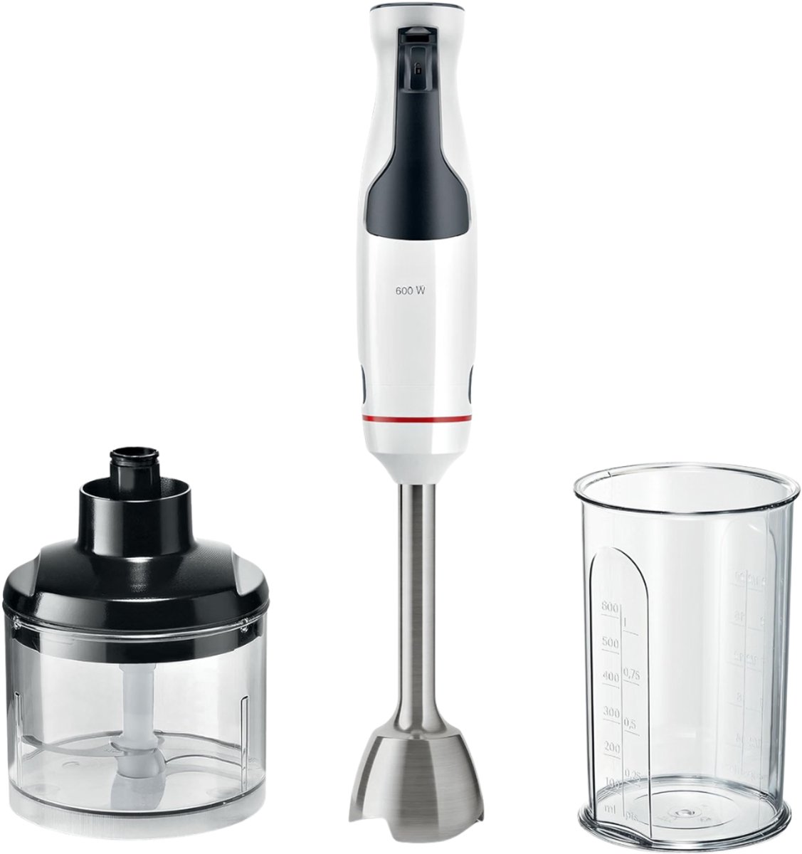 Verte - Staafmixer - 600 W - Wit - Dynamische Snelheidsregeling - QuattroBlade-Systeem - Inclusief Accessoires - Met Mengbeker En Hakmolen