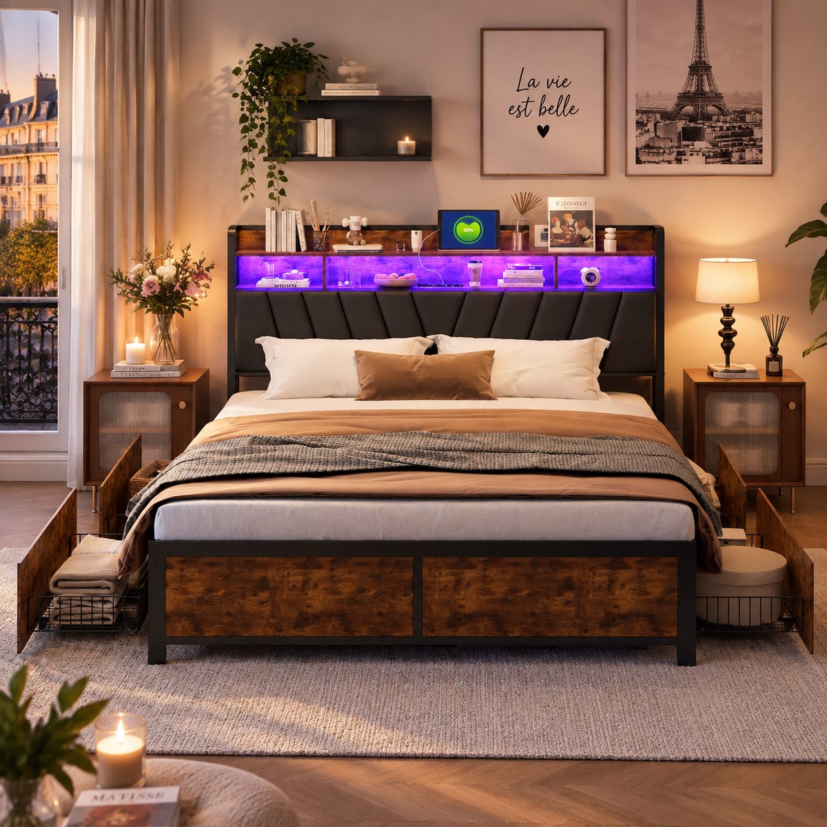 MEXUS Tweepersoonsbed 180x200 cm, met 2 lades, opbergruimte, gestoffeerd bed met USB-poort en LED-hoofdbord, tweepersoons metalen bedframe met lattenbodem, vintage bruinzwart