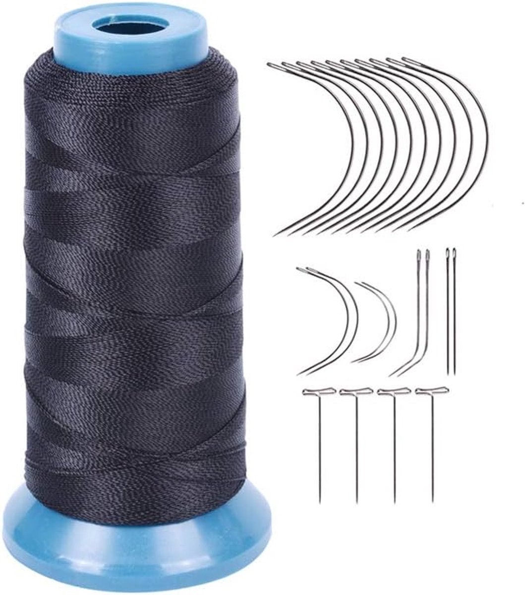 Weefdraad Hoge sterkte polyester draad maat 250 D met 12 stuks van 9 cm-C type naalden/gebogen naalden voor naaien (Zwarte)