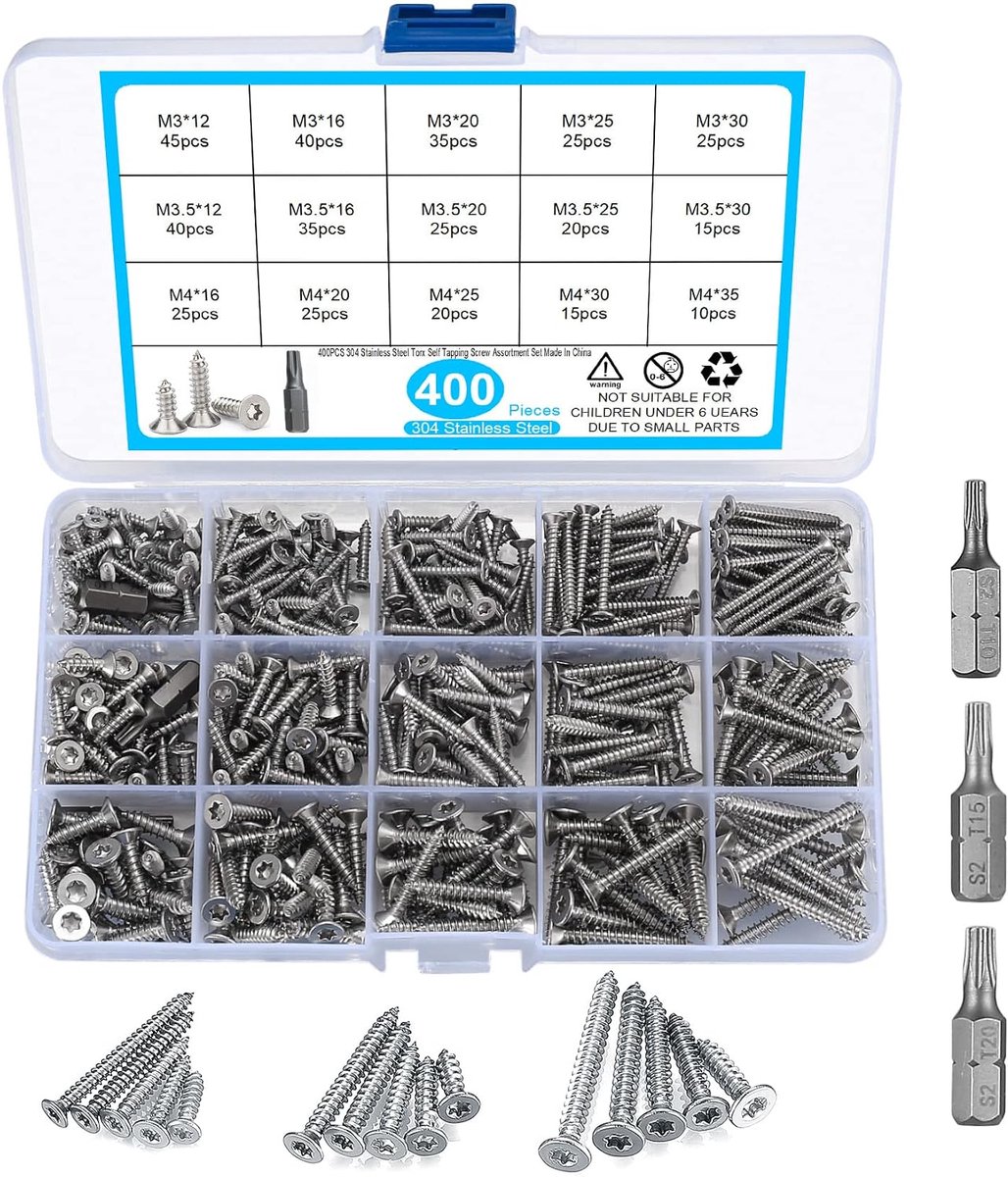 400 Stuks RVS Torx Zelfboorschroeven Assortiment, Zelftappende Schroeven
