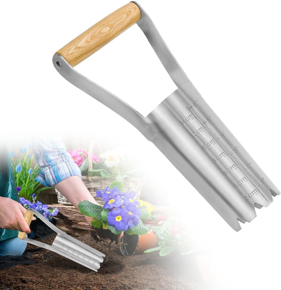 Bloembollen plantenbak, tuingereedschap van roestvrij staal, gatspade met houten handvat en diepteschaal, voor het zaaien van zaden in tuinen onkruid wieden