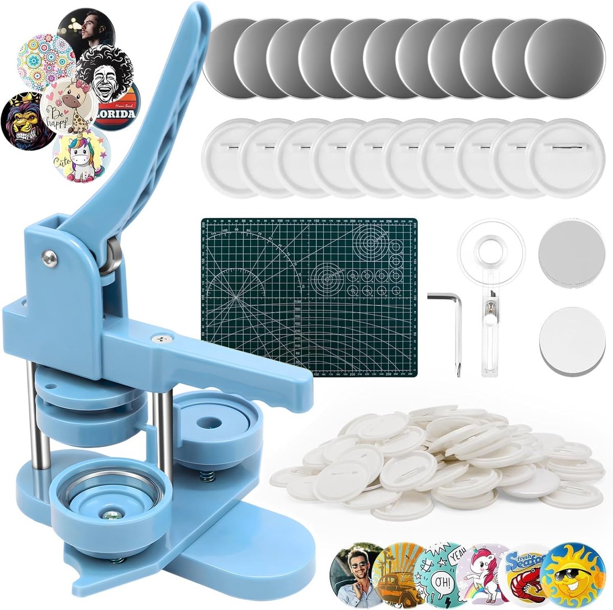58 mm, machine voor het maken van platen met 100 accessoires, cirkelsnijder en snijmat, plaatmachine voor het maken van knopen, machine voor het maken van spelden, blauw