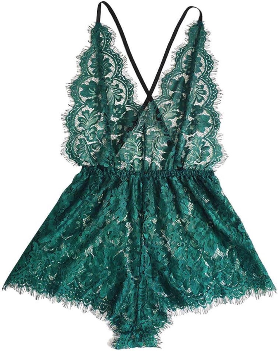 Dames Dames Bodysuit Kanten Lingerie V-hals Backless Jumpsuit Pyjama Sexy Lingerie-Green_L