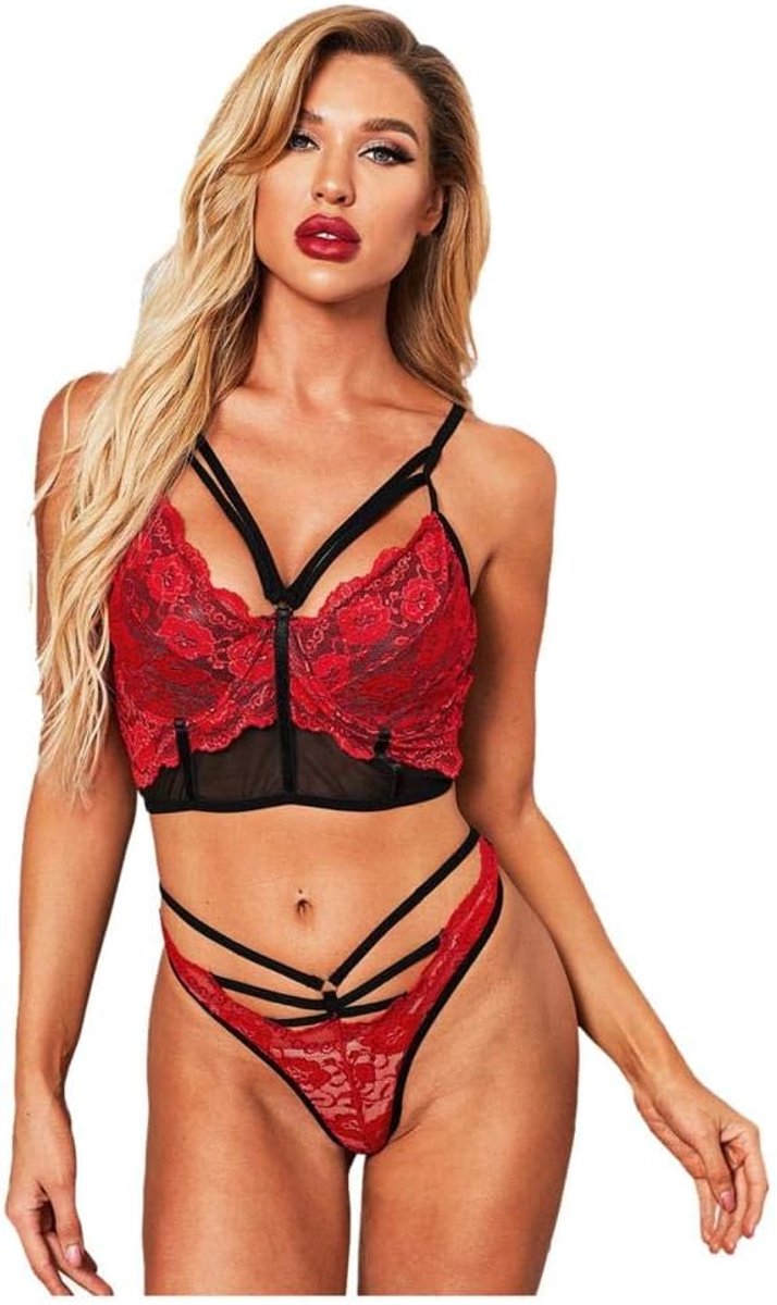 Kleding Transparante Sexy Vrouwen Lingerie Kousenband Thong Erotische Ondergoed Set
