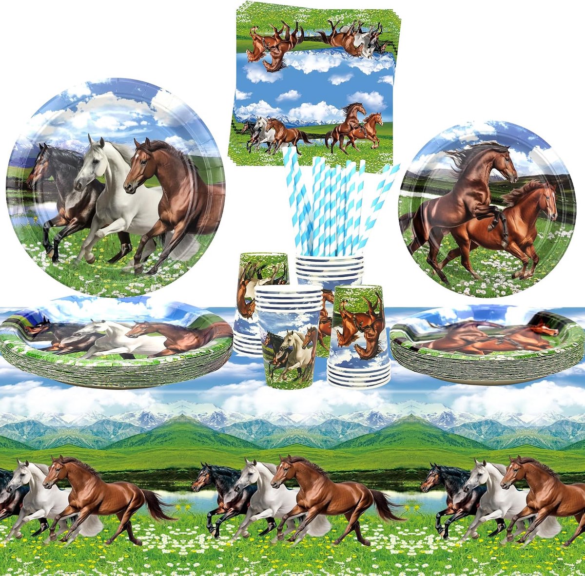 Feestartikelen voor paarden - Serveert 20, Paardenfeest Servies - Dinerborden Desserts Borden Bekers Servetten Tafelhoes Rietjes voor Paardenraces, Cowboy, Westerse Jongen, Verjaardagsfeestartikelen