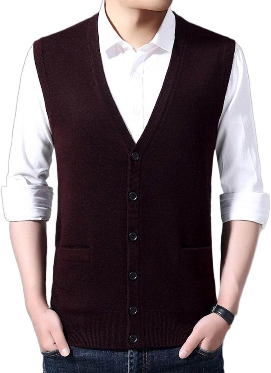 Vest Voor Heren Met V-Hals, Jeugdmode Heren Gebreid Vest Bovenkleding Casual Trendy Trui, Klassiek Zakelijk Heren Gebreide Vest Trui Vest Tanktops,Wijnrood,S