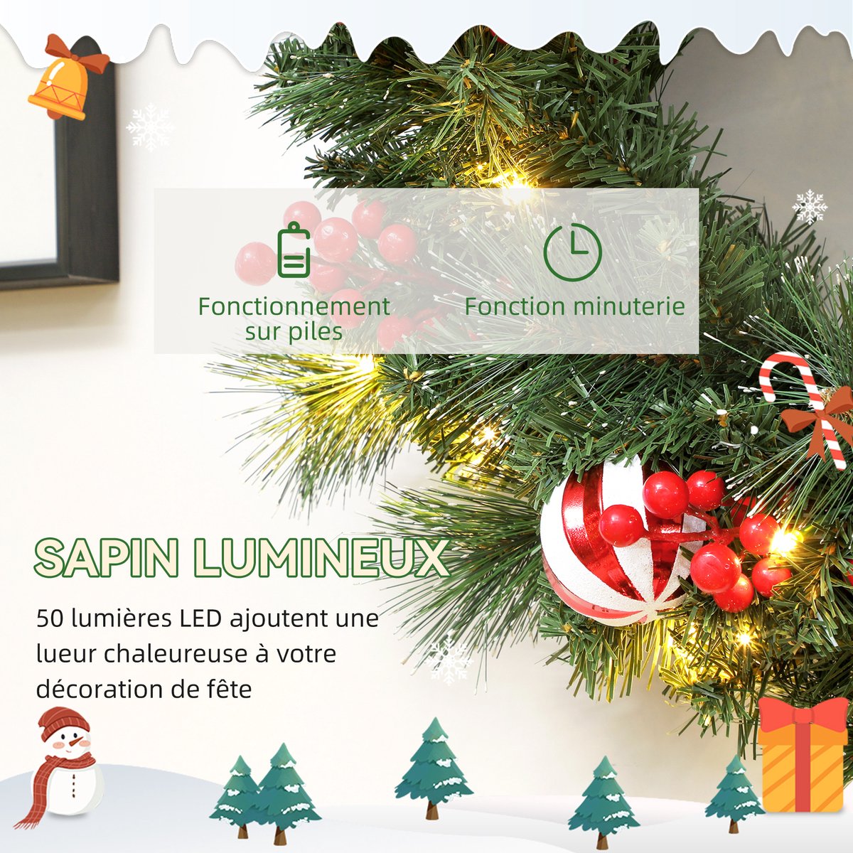 1 stuk - Verlichtte kerstkrans 60cm - Handgemaakte kerstversiering met LED warm wit licht, dennen, bessen en dennenappels, voor voordeur, open haard en raamdecoratie – foto 7