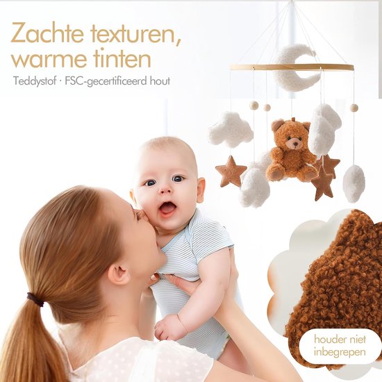 Mobiel voor babybed met bel, witte wolken, maan en bruine beer, hangende decoratie voor babykamer — afbeelding 3