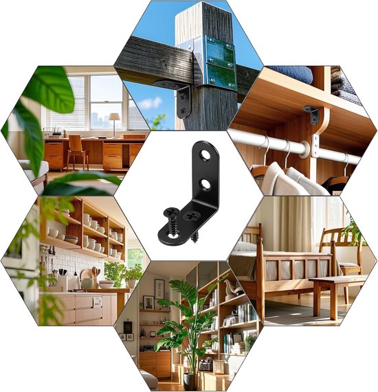24 stuks hoekverbinders, zwart, 50 x 50 x 16 mm, hoek, zwart, roestvrij staal, hoek, klein, 90 graden, metalen hoek met schroef, meubelhoek voor hout, meubels, tafels, stoelen, kasten — afbeelding 5