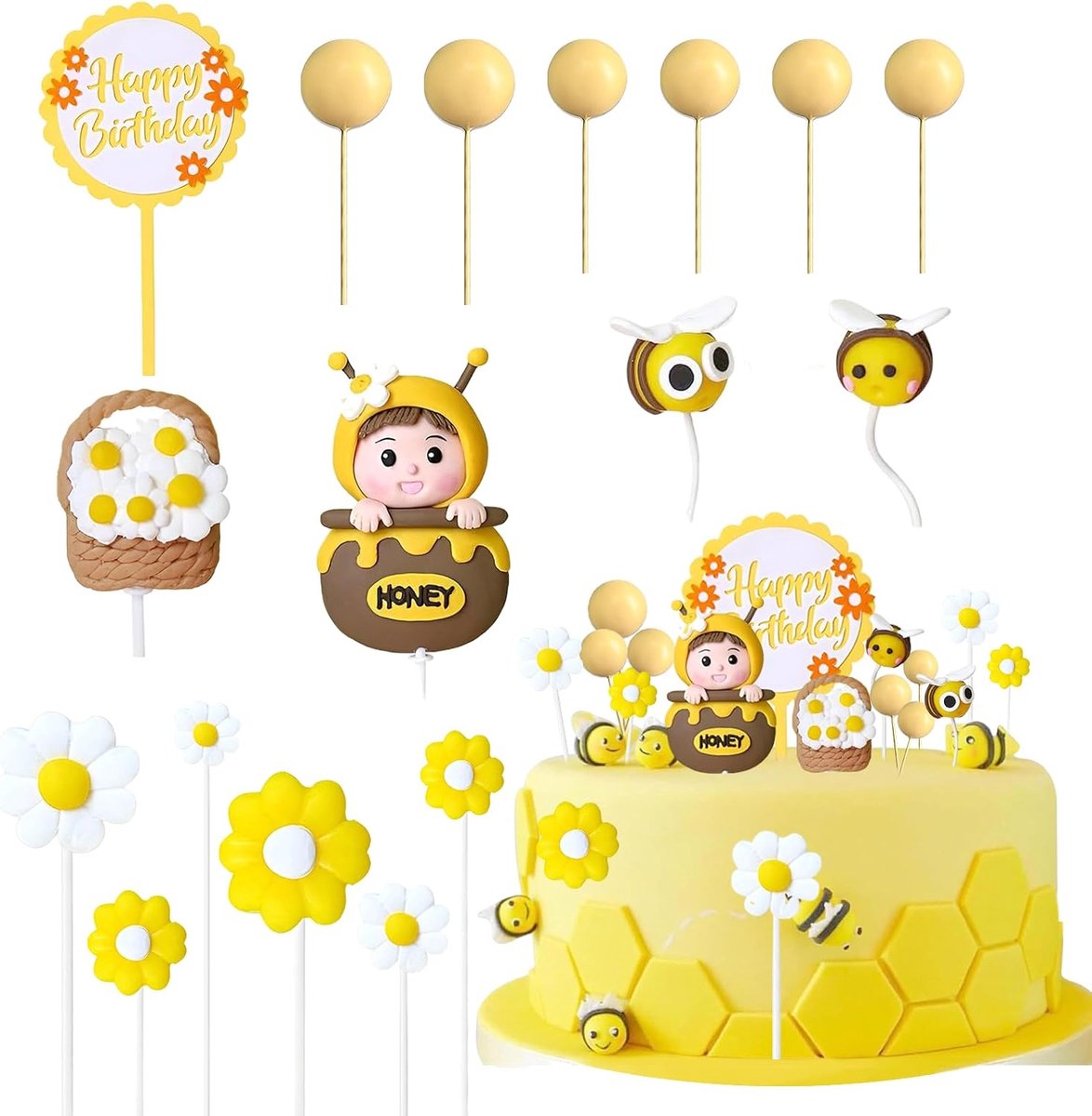 17 bijen taartdecoratieset taartdecoratie verjaardag madeliefjes
