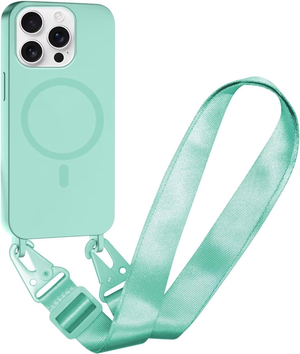 Compatibel met iPhone 14 Pro draadloos opladen, schokbestendig, verwijderbaar telefoonhoesje met verstelbare halsketting, zachte hoes voor iPhone 14 Pro, mintgroen