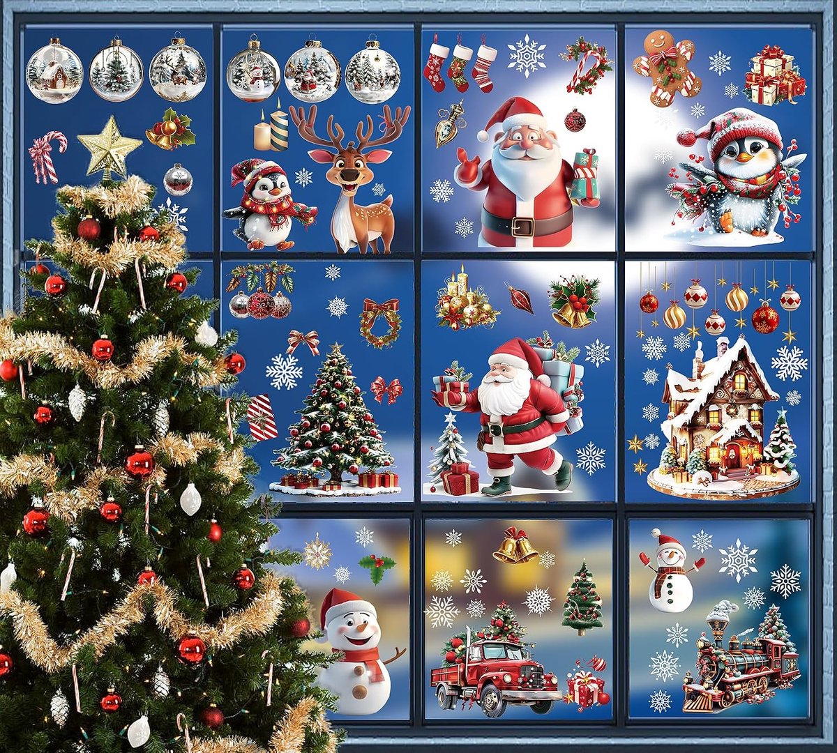 Raamafbeeldingen Kerst, 120 Winter Venster Sticker Herbruikbare PVC Sticker Santa Claus Venster Sticker, Venster Folie Kerstmis Decoratie voor Venster Decoratie Kabinetten
