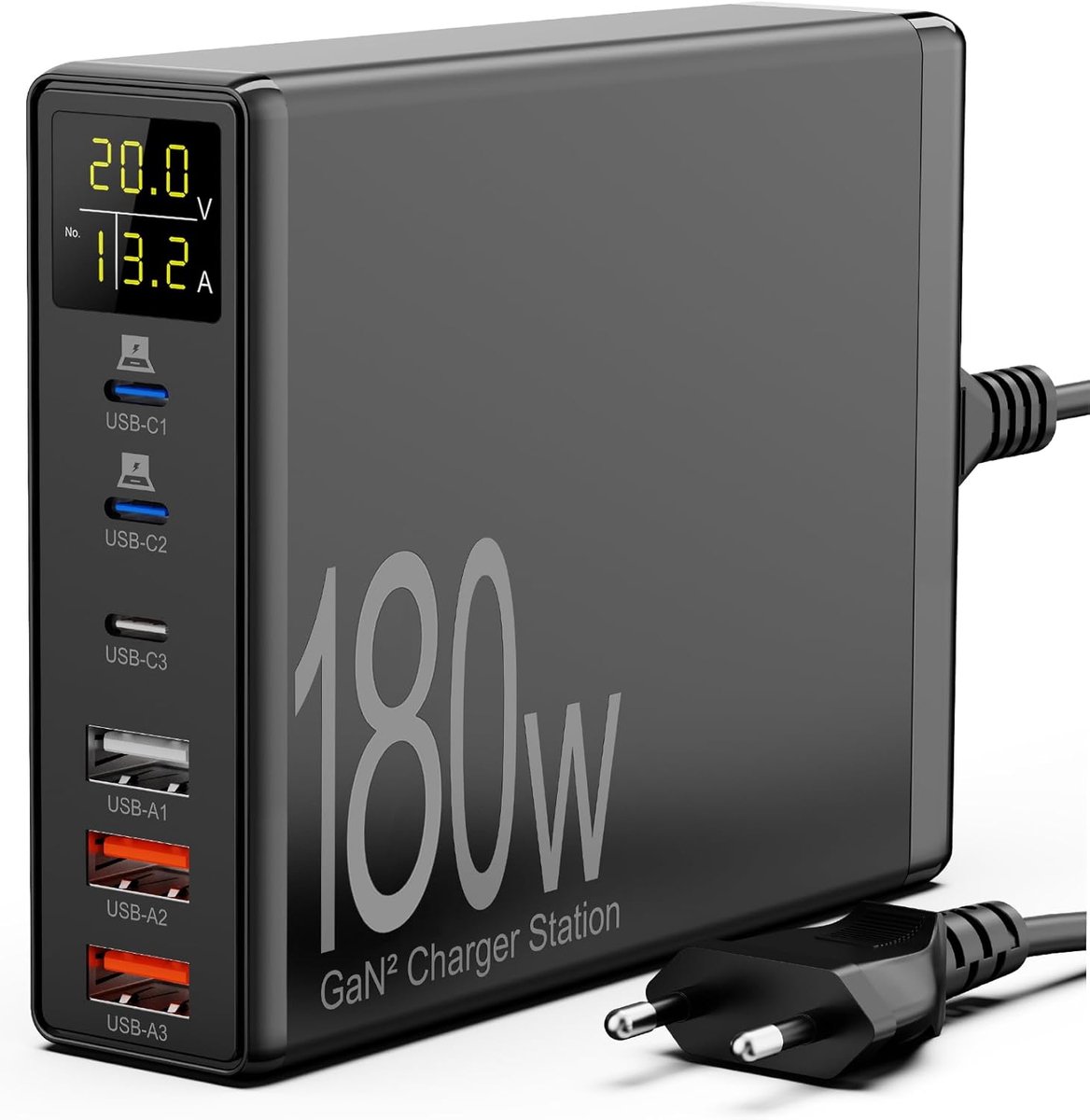 180 W 6-poorts USB-oplader, meervoudig, USB C-snellader met LCD-scherm, USB C-voeding, GaN USB-laadstation voor MacBook iPad iPhone 14/13/12/Pro/Max Samsung Galaxy S22