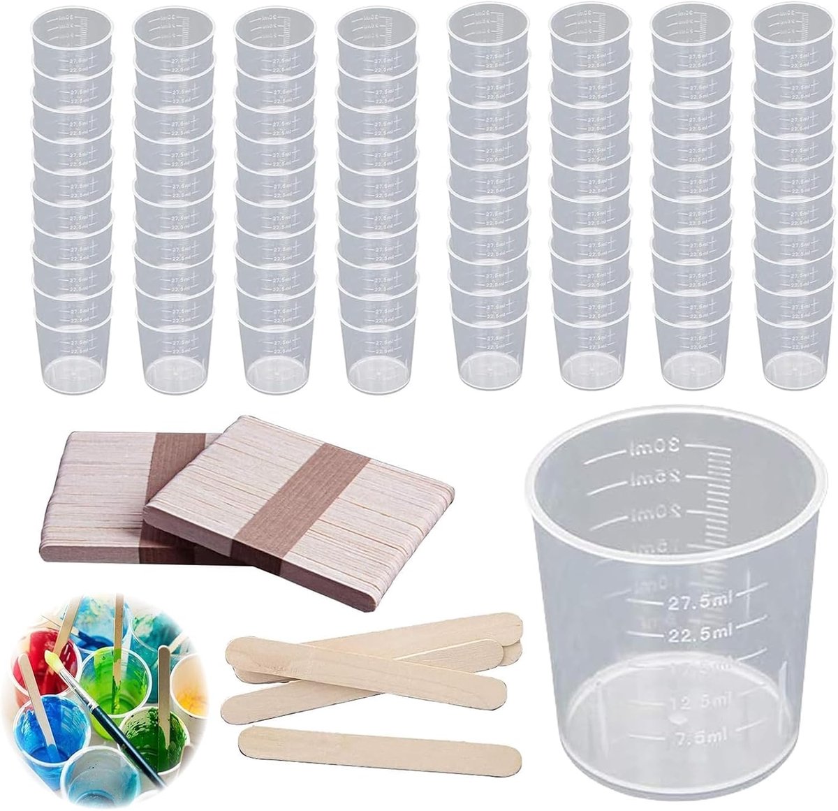 80 stuks 30 ml kunststof beker + 100 stuks Touillette, precisie-maatbeker, kunststof maatbeker, voor keuken, schoollab, transparante epoxyhars, doseerders