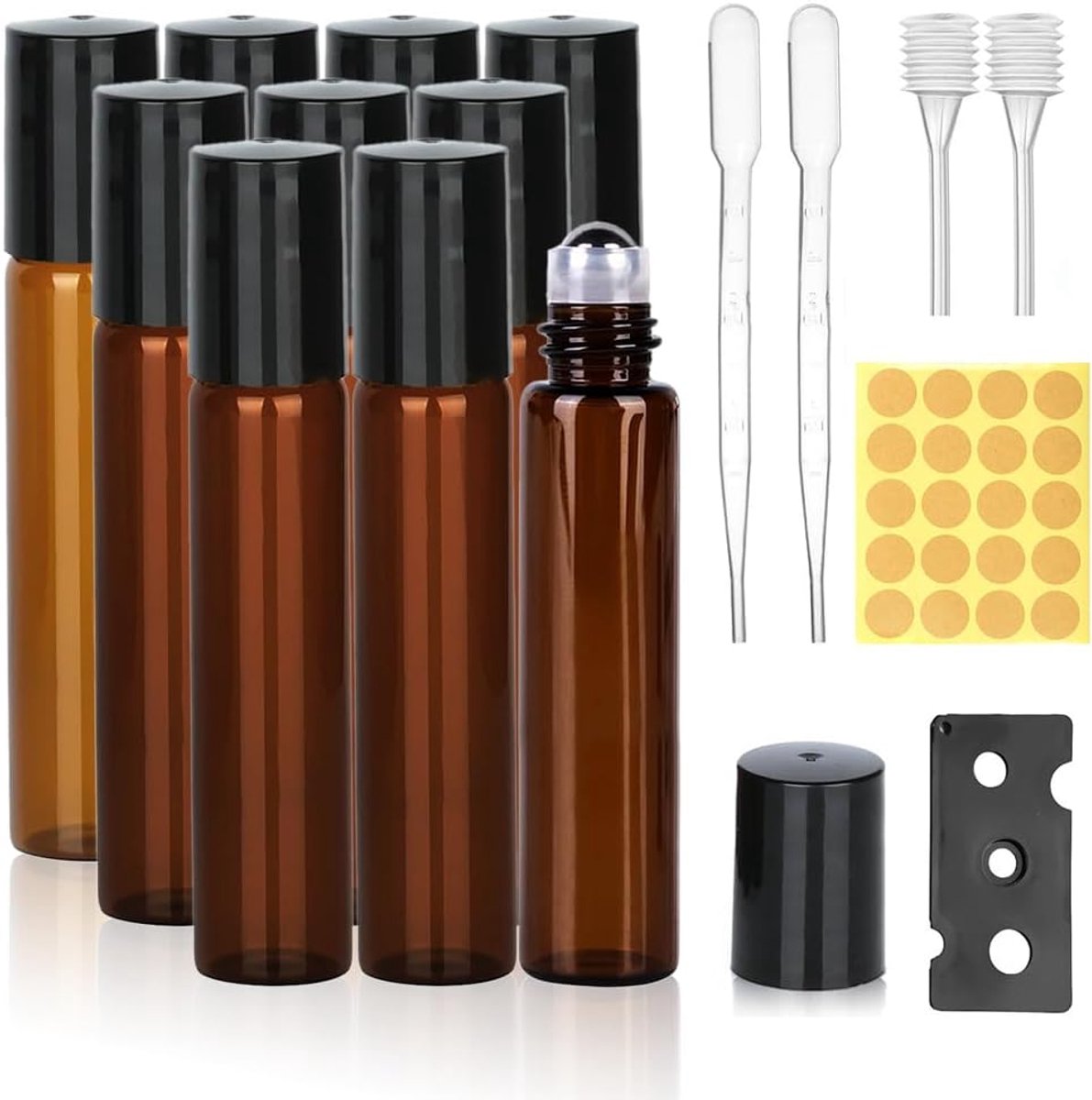 Rollon Etherische oliën, 10 stuks, bruin, 10 ml, lege fles, navulbaar, met roestvrijstalen kogel voor oliën, parfum, cosmetica, parfum, massage