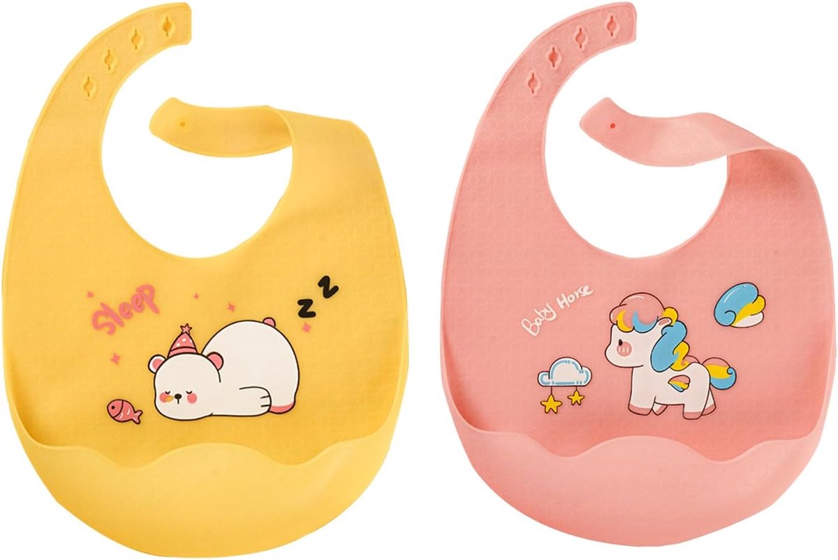 Babyslabbetjes, 2 stuks babyvoederslabbetjes met opvangbak, verstelbare knoppen, BPA-vrij, babyslabbetjes, eenvoudige reiniging, waterdicht, voor baby's, jongens en meisjes (geel,