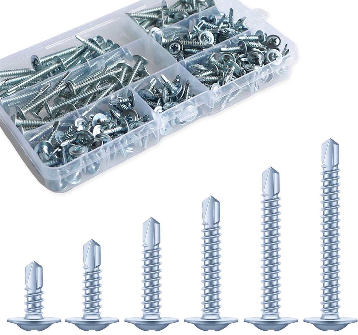 225 stuks 4,2 plaatschroeven, zelftappende schroeven, roestvrij staal, zelfborende schroeven, assortimentskit, M4,2 x 13 mm, 16 mm, 19 mm, 25 mm, 32 mm, 38 mm