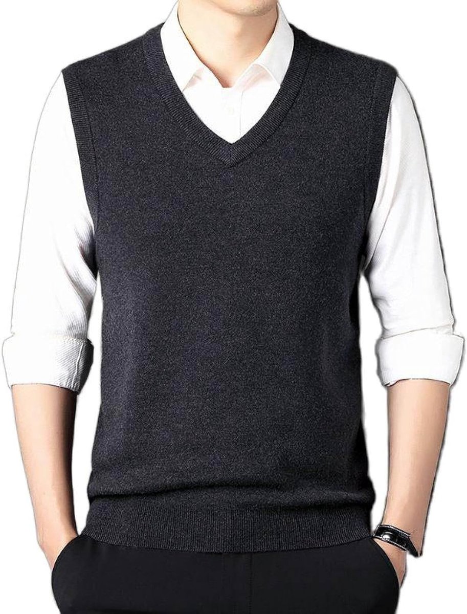 Jeugd Heren Vest Met V-Hals, Klassieke Slanke Mouwloze Trui Effen Kleur Mouwloos Gebreid Vest, Casual Zakelijk Heren Gebreide Vest Trui Tanktops,Donkergrijs,S