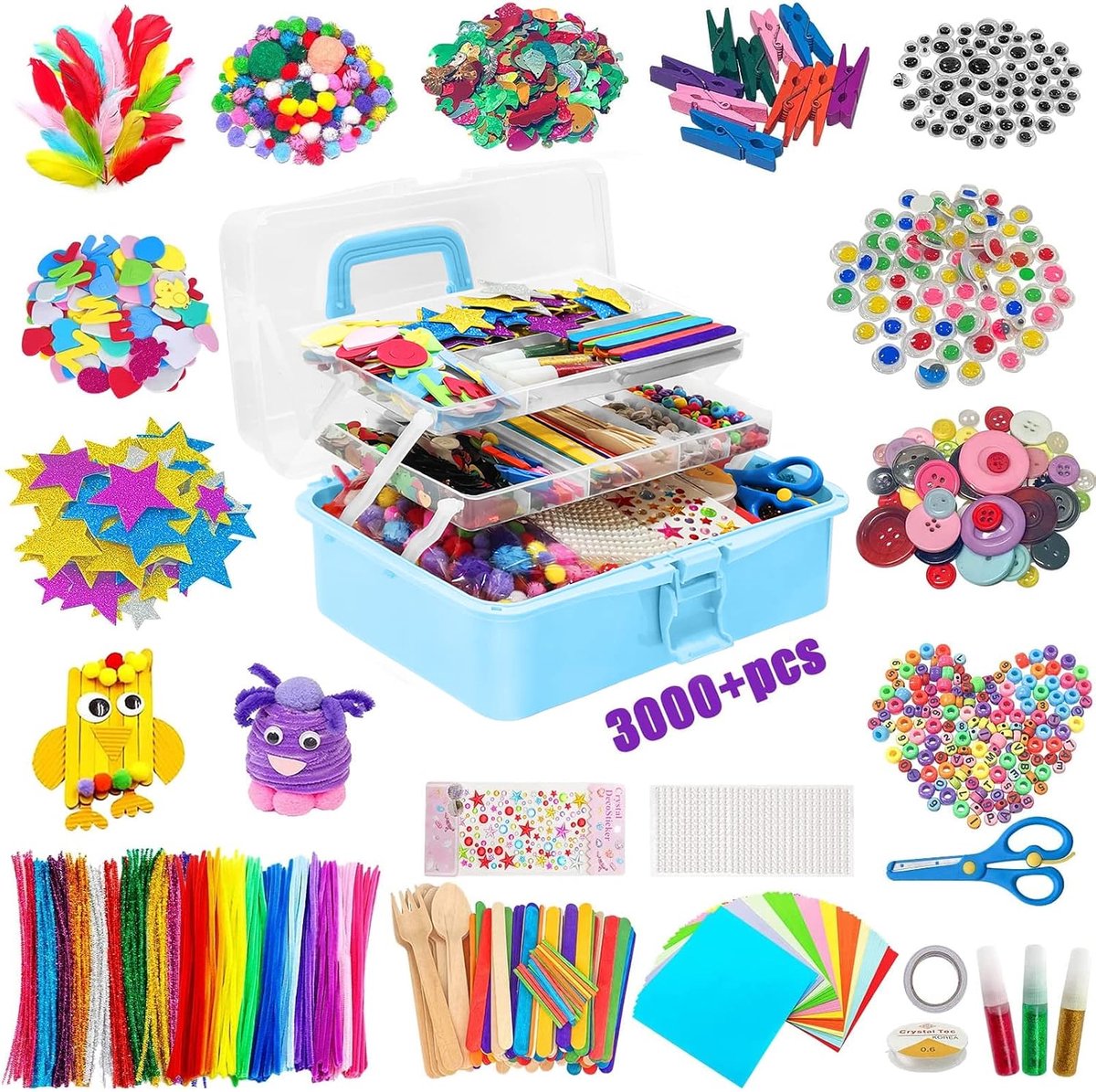 Knutselset voor kinderen, 3000 + stuks, doe-het-zelf knutselspullen, knutselsets voor kinderknutselkoffer, knutselaccessoires, pijpenrager, ijslolly, pompons, kralen, scrapbooking