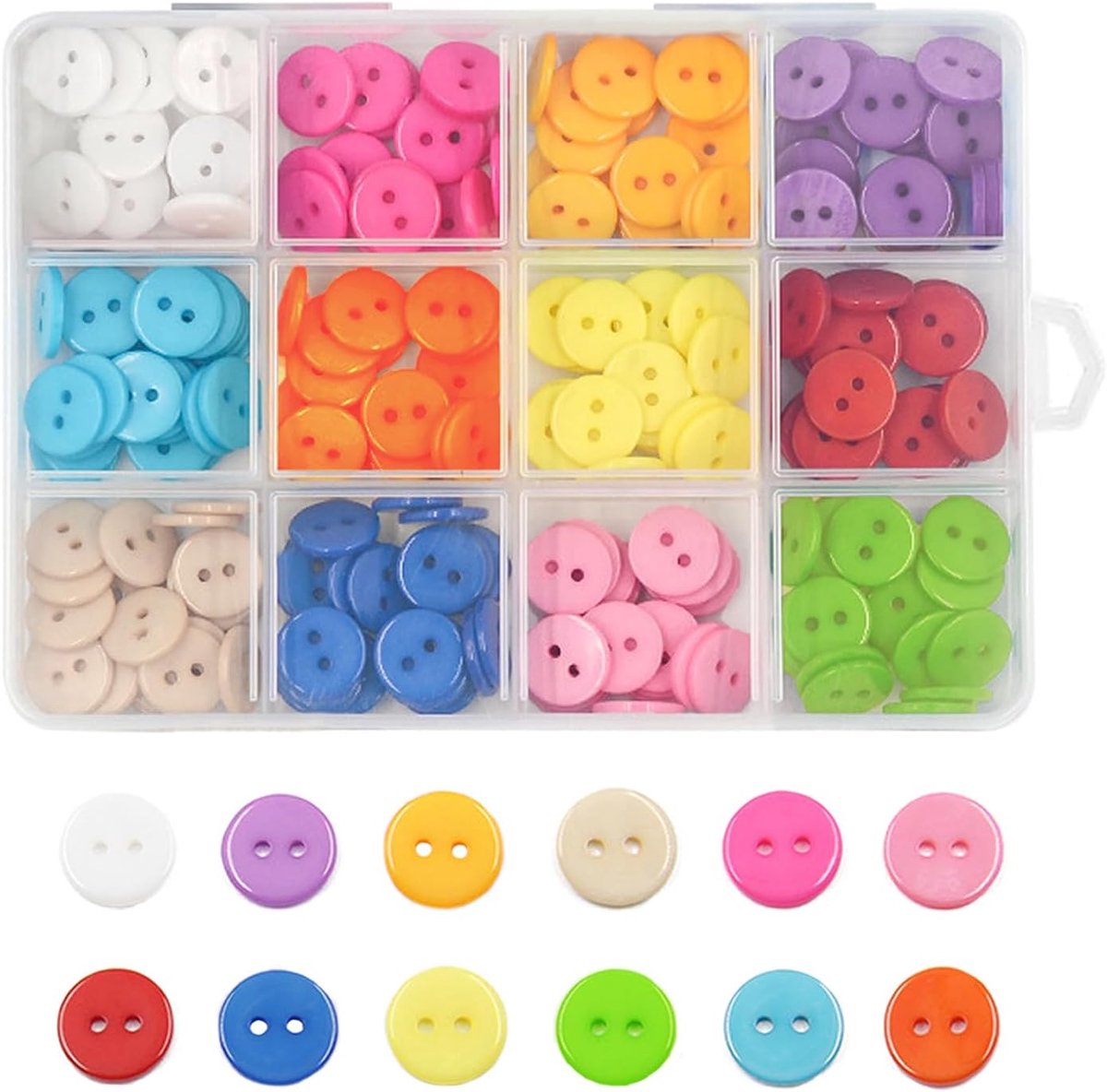 Knoppen - 240 stuks ronde plastic naaiknopen 15 mm met 12 kleuren, opbergdoos (2 gaten)
