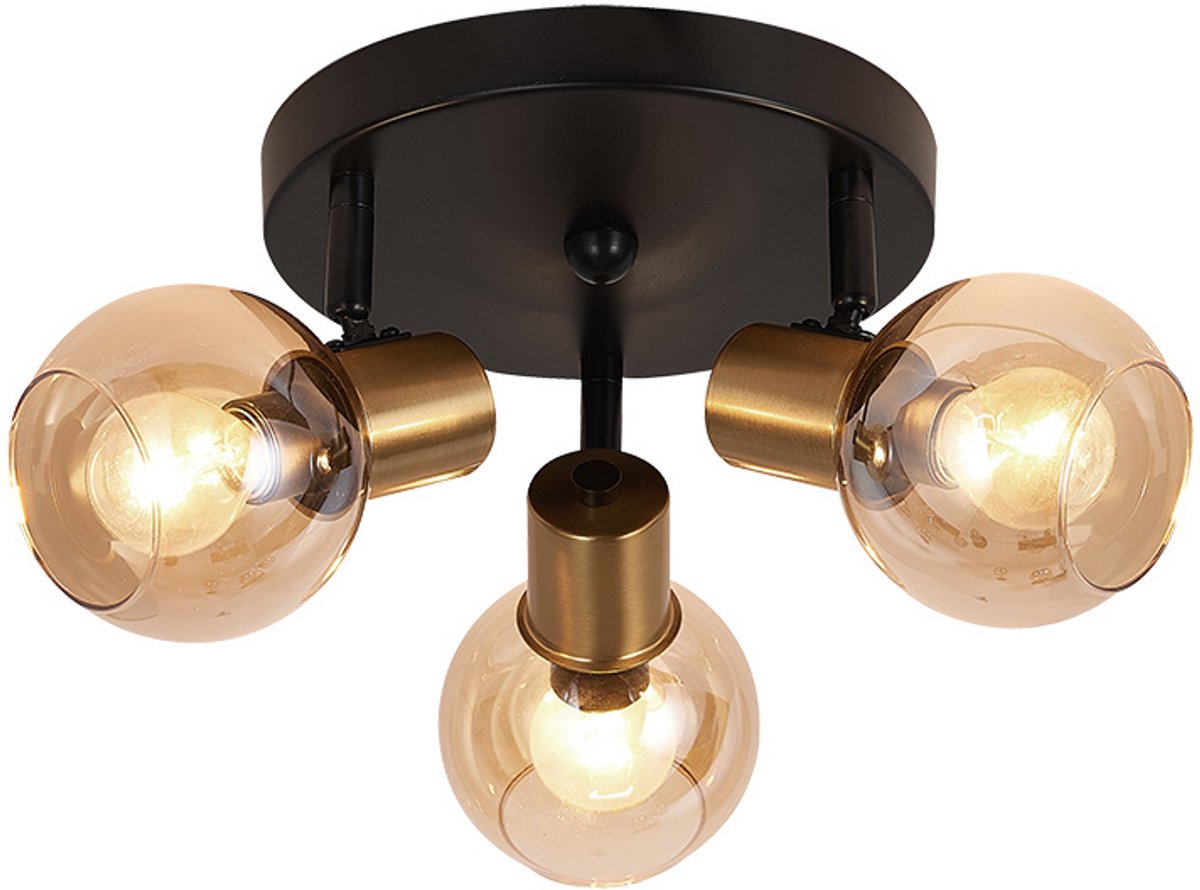 Osira plafondlamp met 3x E14 fitting, amber glazen kappen, zwart stalen frame, diameter 370 mm, hoogte 145 mm