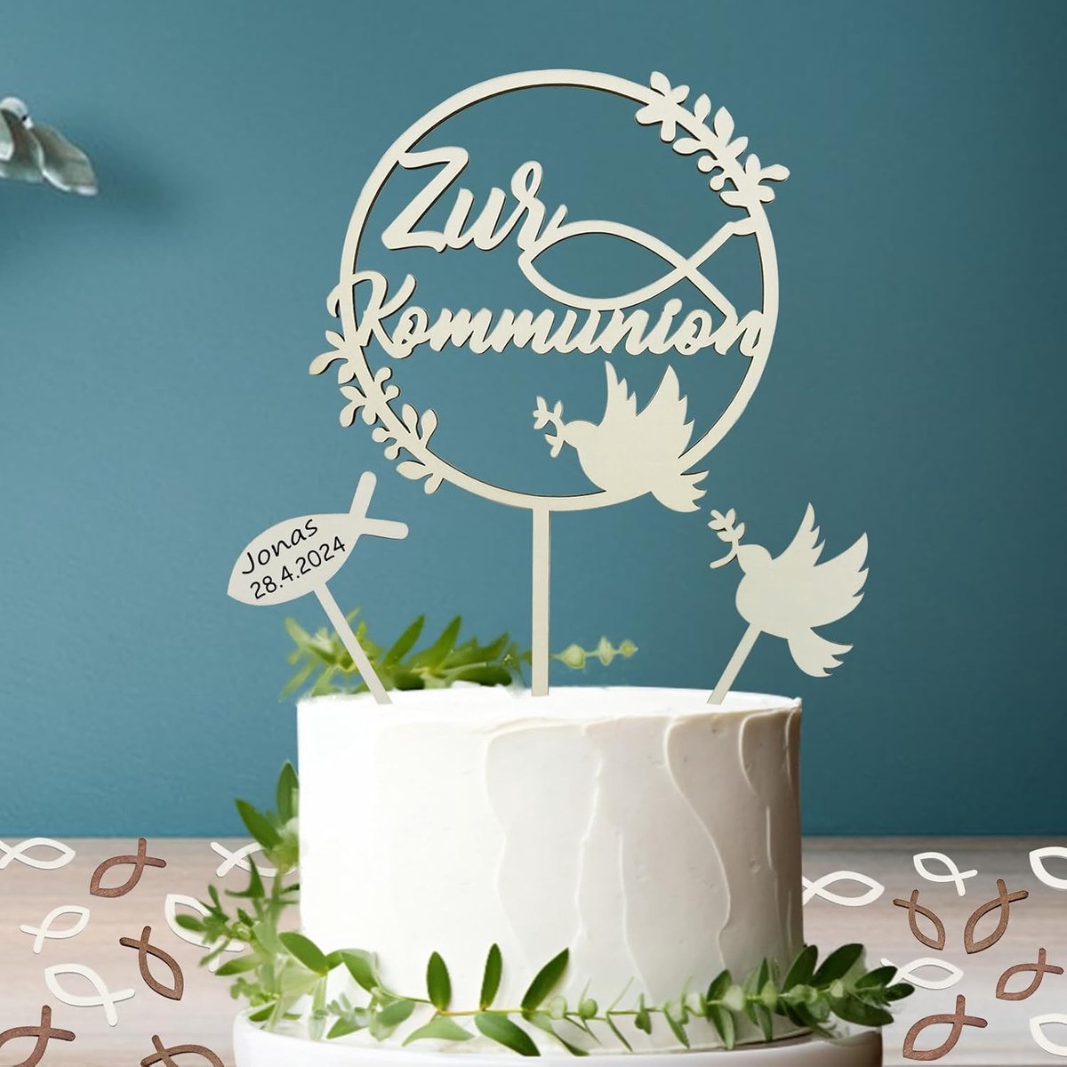 Communie - 3 stuks taarttoppers + 48 stuks houten vissen strooidecoratie, tafeldecoratie, taartdecoratie, taartstekers, set voor eerste communie, jongens en meisjes