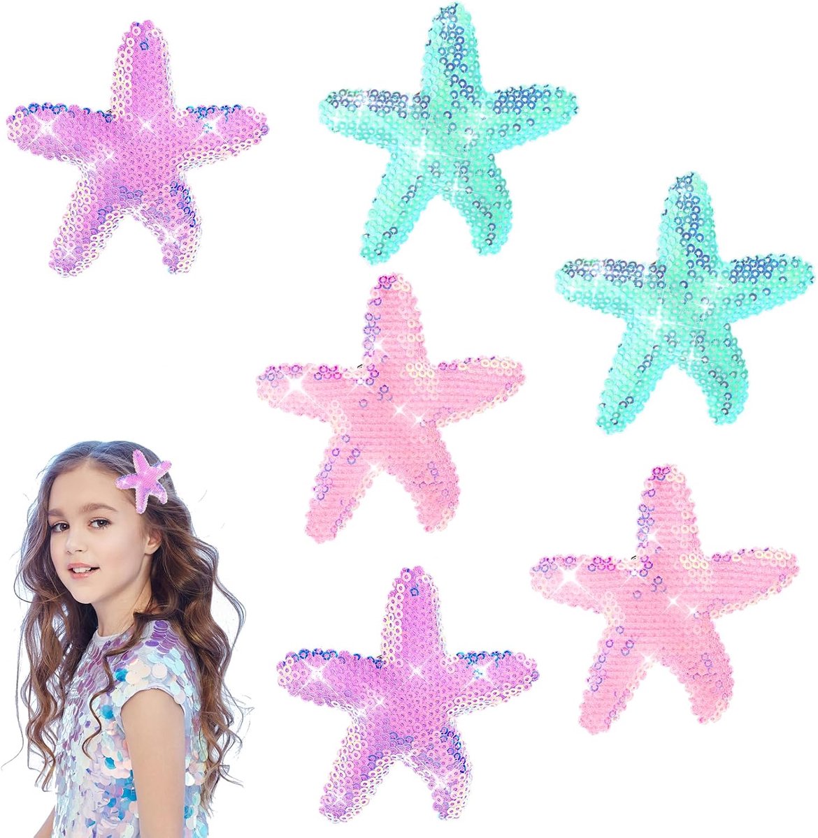 6 stuks zeesterhaarspelden, glinsterende zeester, haaraccessoires, schelp, hoofddeksel, haarclip, zeester, haarspelden, pailletten, krokodillenklem voor vrouwen en meisjes