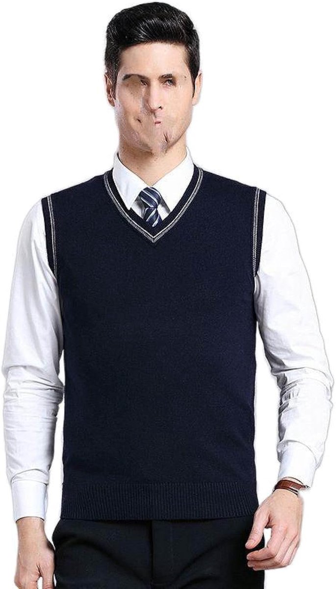 Gestreept Gebreid Vest Met V-Hals, Klassiek Mouwloos Vest Kleurcontrast Heren Kasjmier Trui Vest Herenkleding, Business Gentleman Knitwear Gebreid Vest Sweater Tank Tops, Marineblauw,