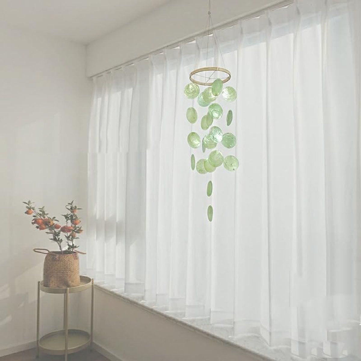 Boho decoratie schelp dromenvanger slingers Capiz schelp windgong voor buiten 73 cm lengte hangend ornament wandbehang hanger geschenken voor terras, tuin, binnenplaats decoratie - groen