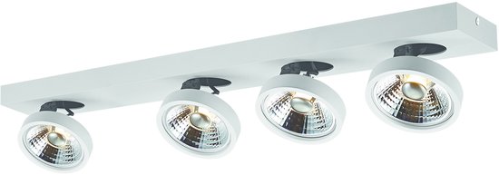 Plafonnier blanc avec quatre spots orientables, long de 720 mm.